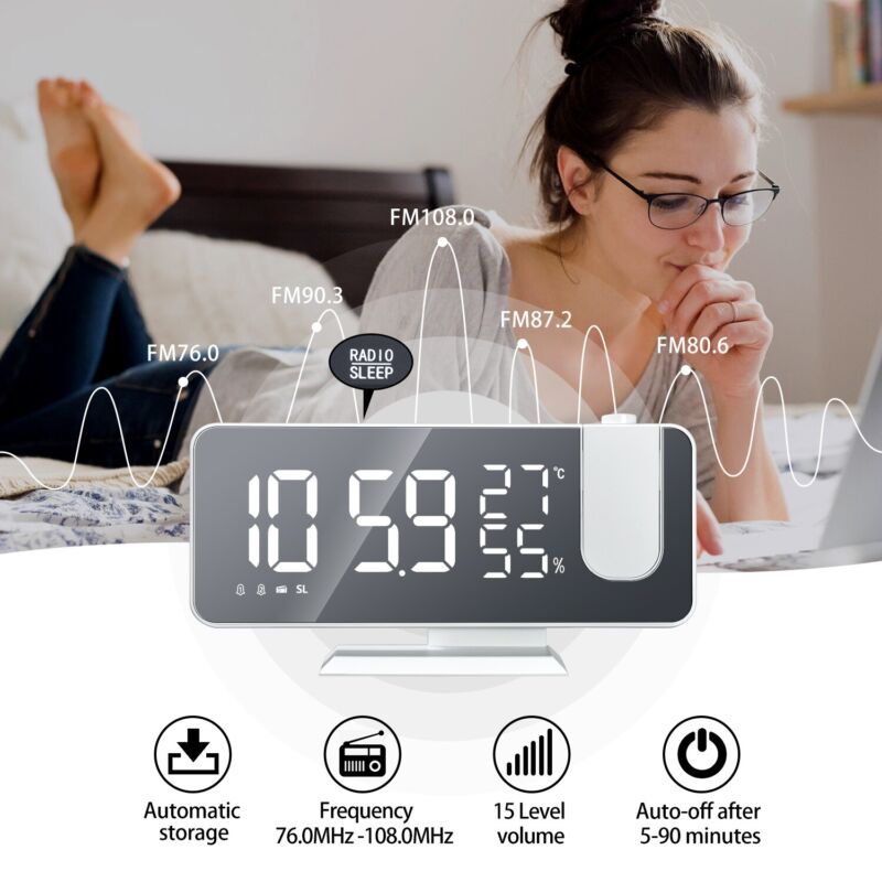 Desk Dual Alarm Clock LCD LED Digital Time Projection FM Radio Snooze Timer USA