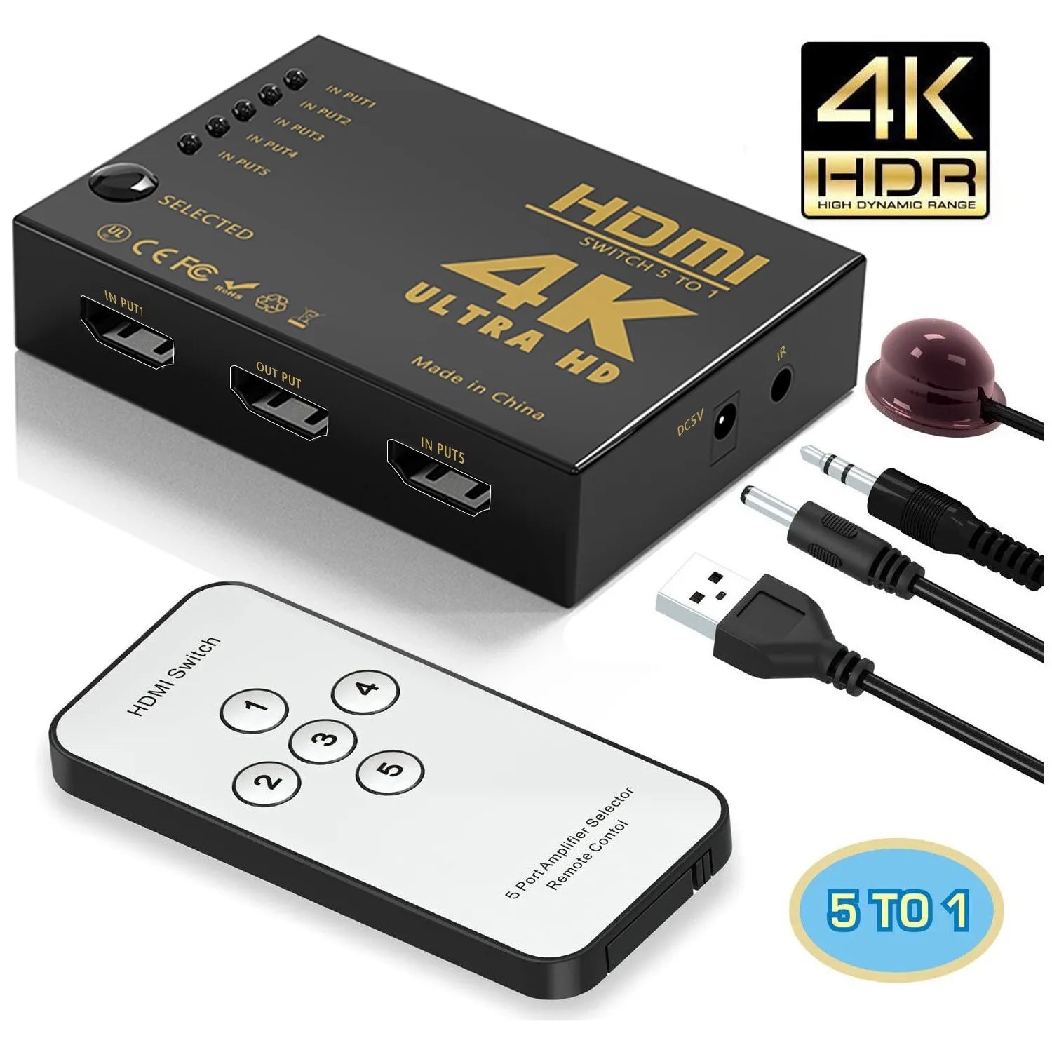 4K HDMI Switch Splitter 5 Port Selector Switcher Hub IR Remote HDTV 5 In 1 Out