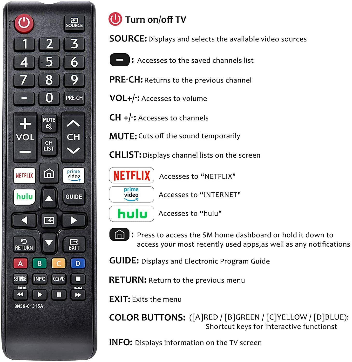 NEW BN59-01315A Replacement TV Remote for Samsung LED 4K ULTRA HDTV Smart TV