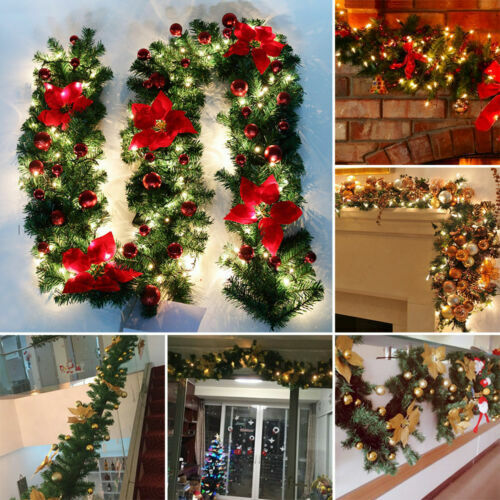 9FT Pre Lit Christmas Garland with Lights Outdoor Xmas Decoration Door Wreath US