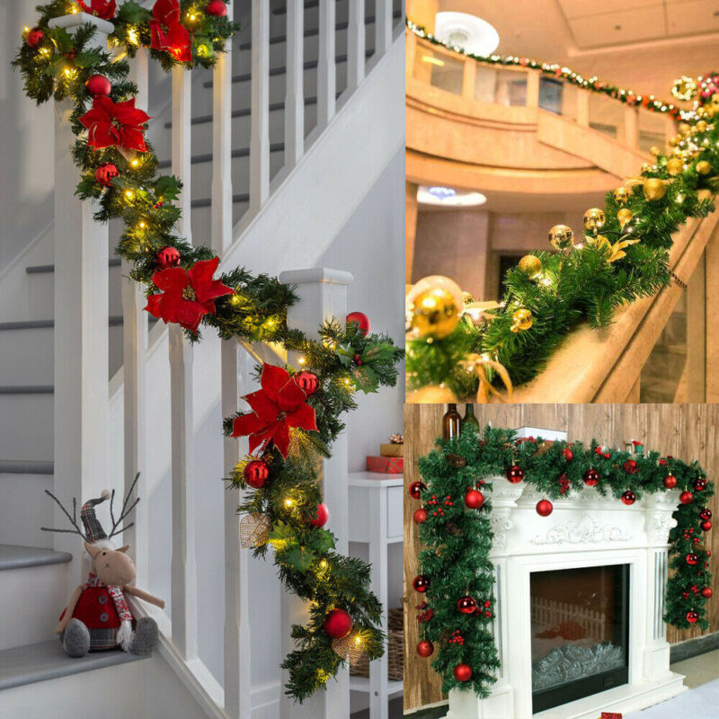 9FT Pre Lit Christmas Garland with Lights Outdoor Xmas Decoration Door Wreath US