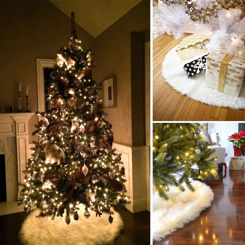 Christmas Tree Skirt Plush Faux Fur Mat For Home Xmas Floor Cover Ornament Decor