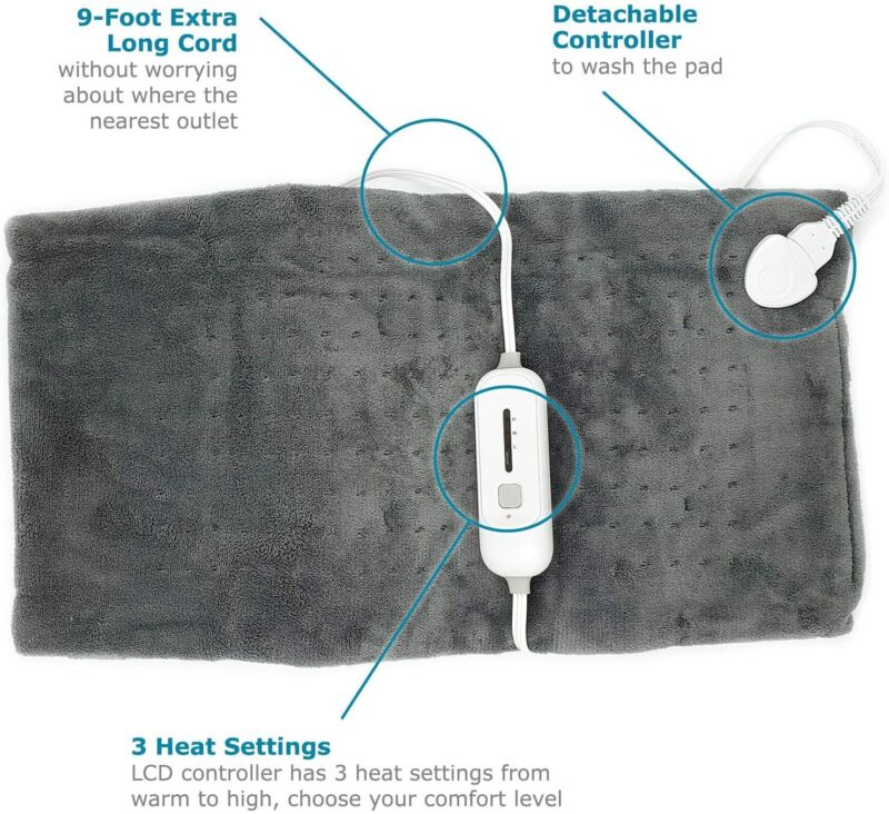 Extra Large Heating Pad, Ultra Soft, 17" x 33" w/ Temp Control, Use Wet Or Dry