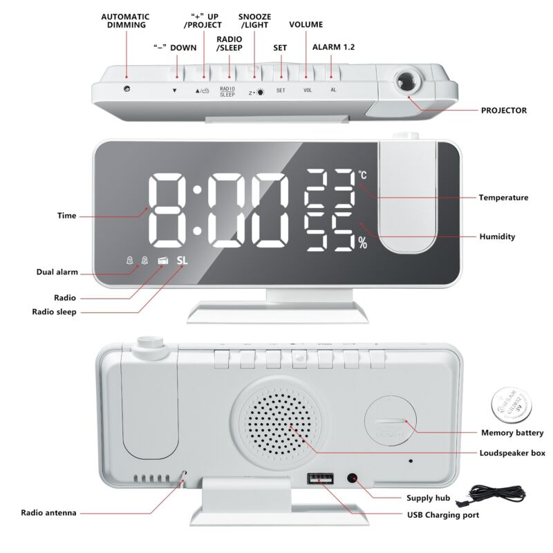 Desk Dual Alarm Clock LCD LED Digital Time Projection FM Radio Snooze Timer USA