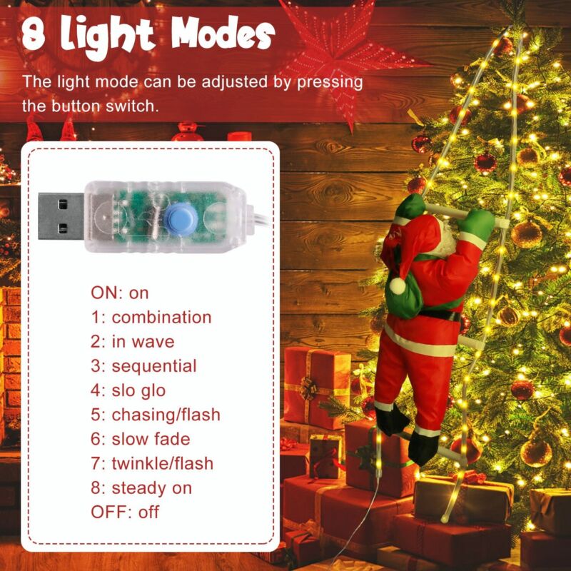 Christmas LED Santa Claus Climbing Ladder USB Light Hanging Xmas Tree Decor USA