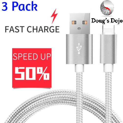 3 PACK 10 FT Heavy Duty Braided USB Charger Cable Cord For iPhone 14 13 12 11 8 - Doug's Dojo