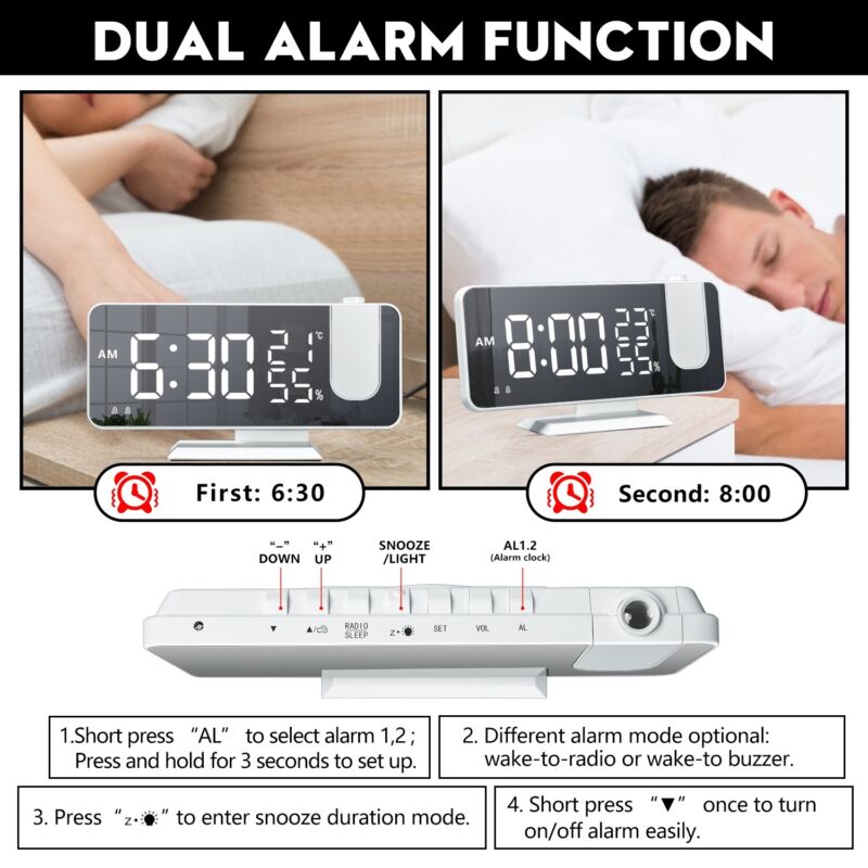 Desk Dual Alarm Clock LCD LED Digital Time Projection FM Radio Snooze Timer USA