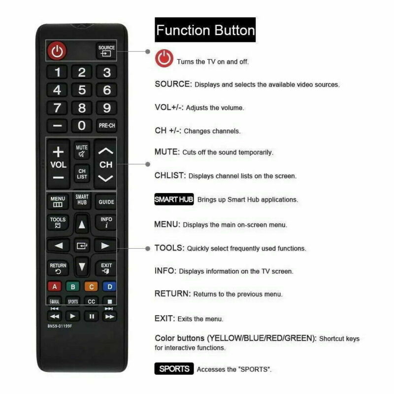 New BN59-01199F Remote Control Universal for most Samsung Smart TV LED LCD HDTV