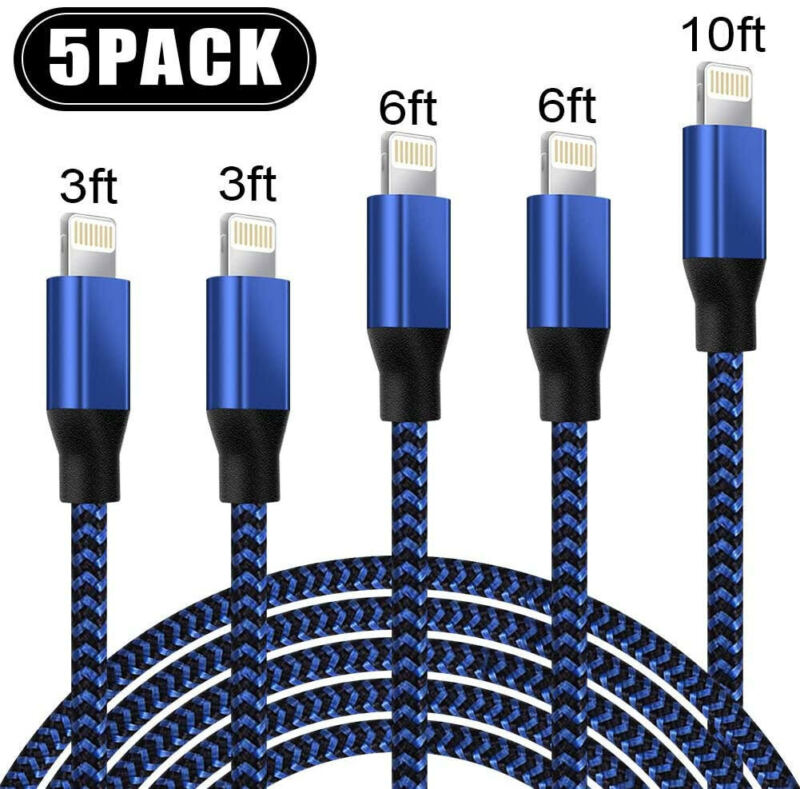 5 Pack Charging Cable Heavy Duty For iPhone 8 7 6 Plus Charger Charging Cord - Blue/Black - Doug's Dojo
