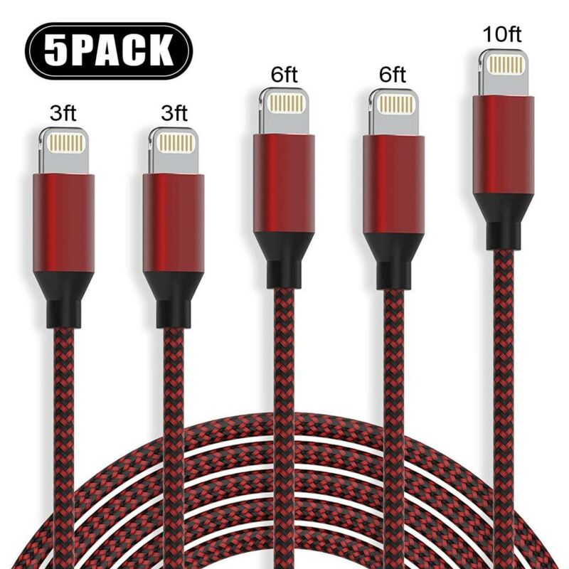 5 Pack Charging Cable Heavy Duty For iPhone 8 7 6 Plus Charger Charging Cord - Red/Black - Doug's Dojo