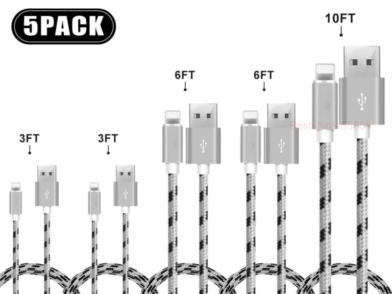 5 Pack Charging Cable Heavy Duty For iPhone 8 7 6 Plus Charger Charging Cord - White/Gray - Doug's Dojo