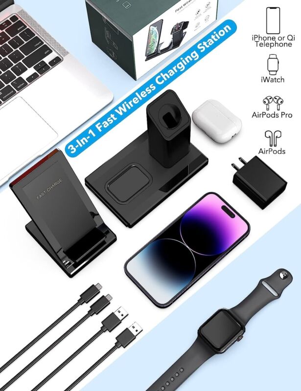 Wireless Charger Charging Station 3In1 For Apple Watch Air Pods iPhone 14 13 12 - Doug's Dojo